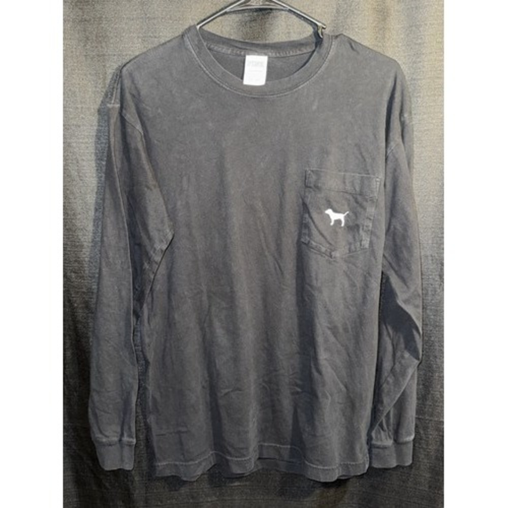 Victoria's Secret PINK Long Sleeve Pocket Tee Size S Black Camo 1986 Dog Logo